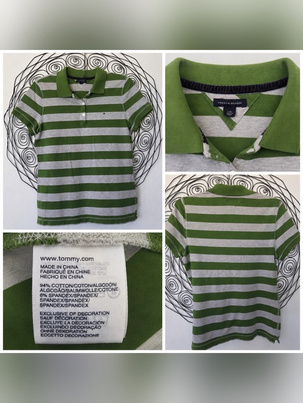 Tommy Hilfiger Polo Shirt Women’s Large Olive Green Gray Striped Stretch Cotton